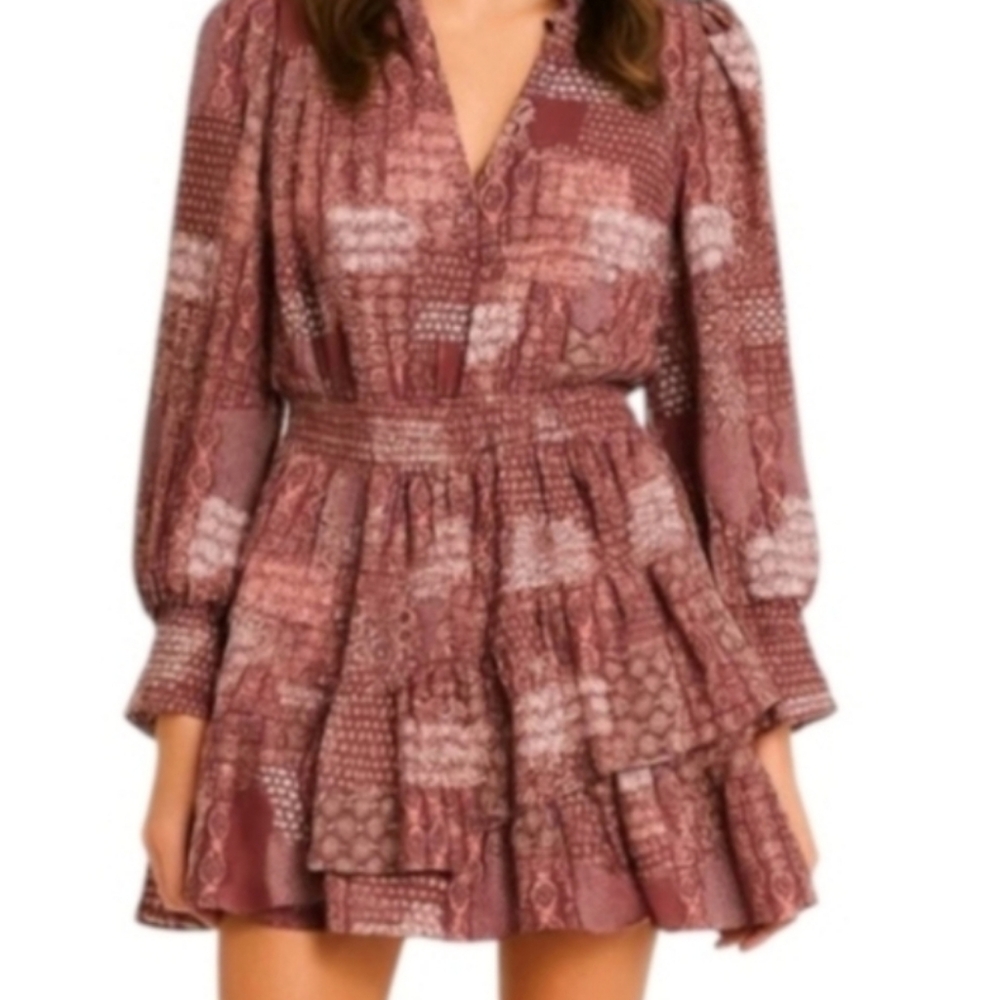 BCBG Paris Burgundy Patchwork Statement Mini Dress Xs Cream